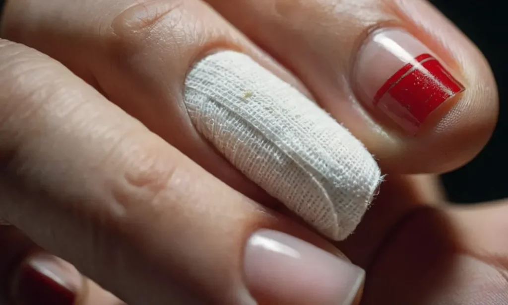 Close-up photo of a person's hand, showcasing a neatly wrapped bandage around a wounded finger nail, providing a step-by-step visual guide on how to properly secure and protect the injured area.