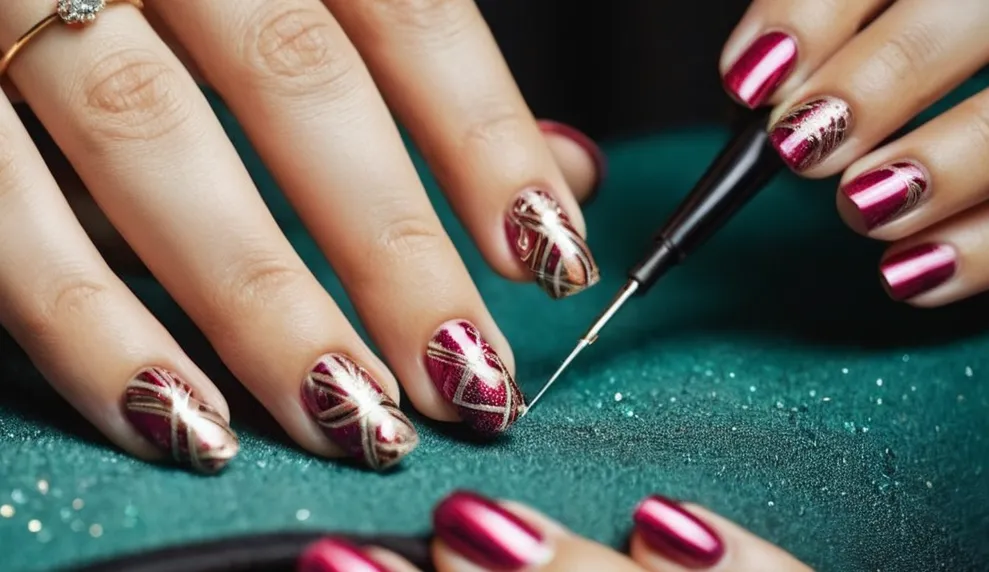 A close-up photo capturing a skilled nail technician expertly applying intricate nail art, showcasing their steady hands and meticulous attention to detail, inspiring aspiring individuals to pursue a career in the nail industry.