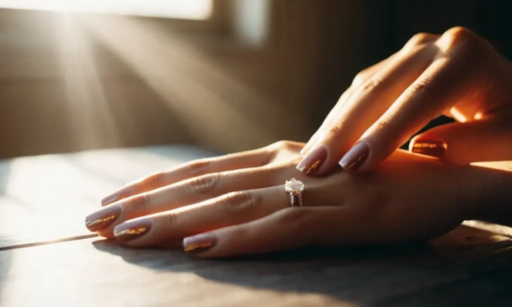 A still-life image capturing a hand gracefully placed on a table, showcasing freshly painted gel nails drying naturally under a warm ray of sunlight.