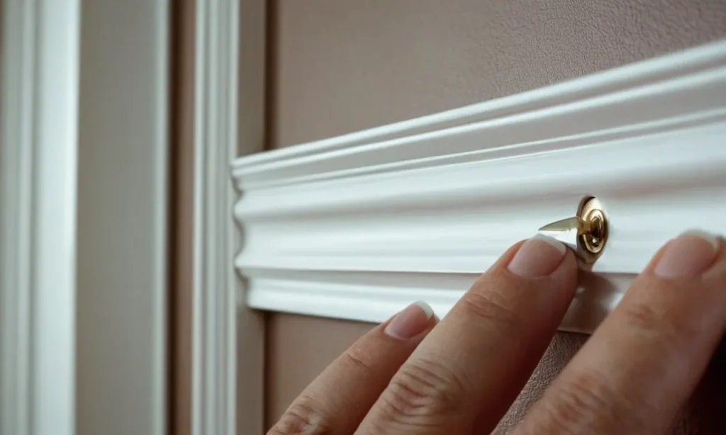 A close-up photograph capturing a skilled hand meticulously filling tiny nail holes in a perfectly painted white trim, showcasing the attention to detail and craftsmanship involved in this home improvement task.