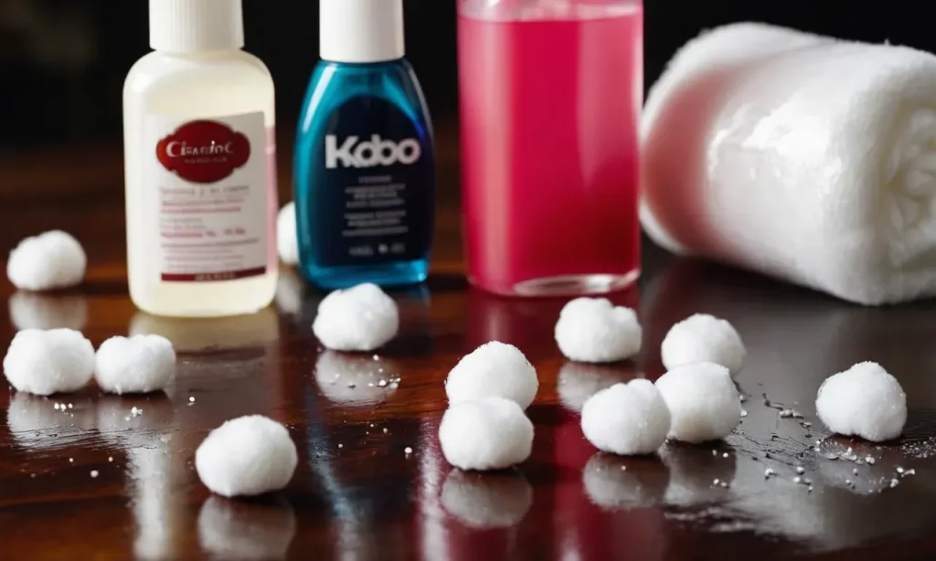 A close-up photograph capturing a bottle of nail polish remover and cotton balls placed next to a stained counter, depicting the process of removing nail glue effectively.