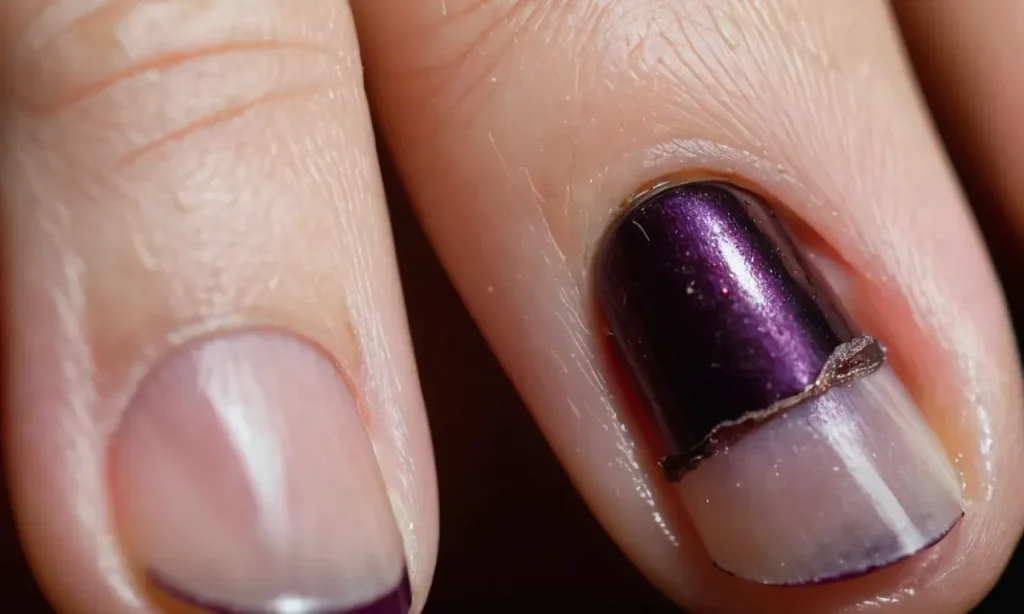 Close-up of a bruised toe nail, magnifying its dark purple color and capturing the tender skin around it, exemplifying the need for gentle care and proper healing techniques.