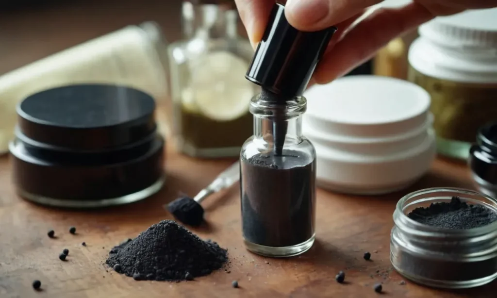 A close-up shot of a hand holding a small glass bottle filled with liquid, surrounded by various ingredients like charcoal powder and pigment, depicting the process of making homemade black nail polish.