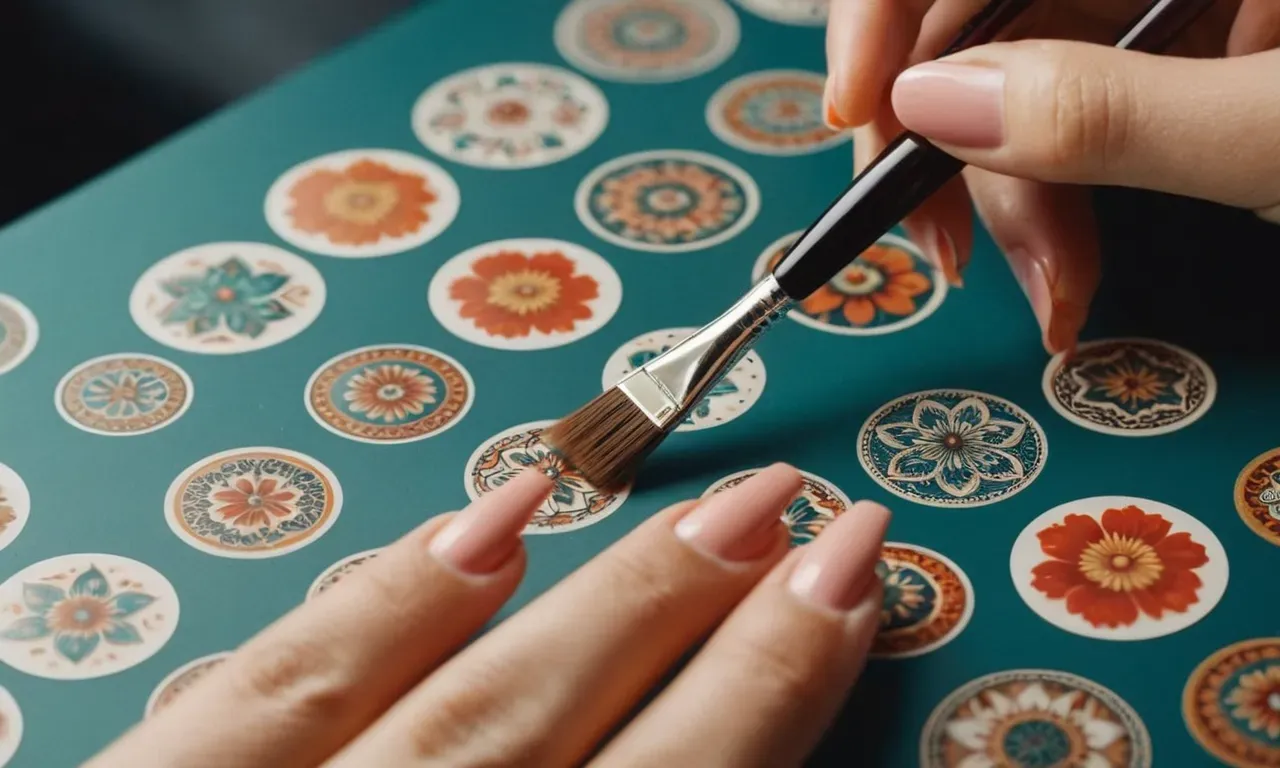 Close-up photo of a hand holding a paintbrush, meticulously applying intricate designs onto a clear sticker sheet, showcasing the step-by-step process of creating beautiful and unique nail decals.