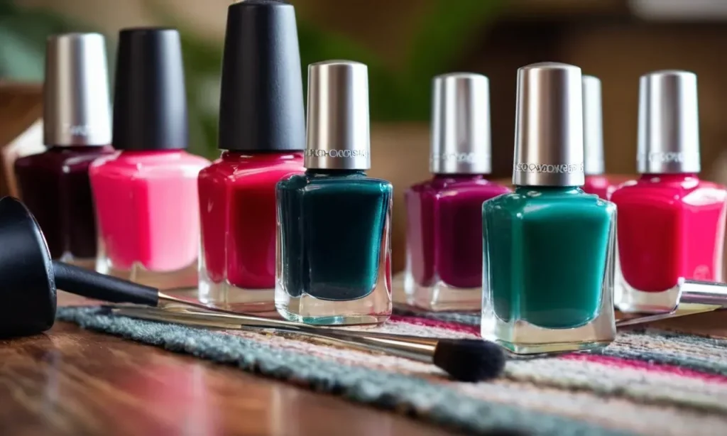 A close-up shot capturing a set of vibrant, colorful nail polish bottles lined up on a table, surrounded by various ingredients and tools, showcasing the process of creating homemade nail polish.