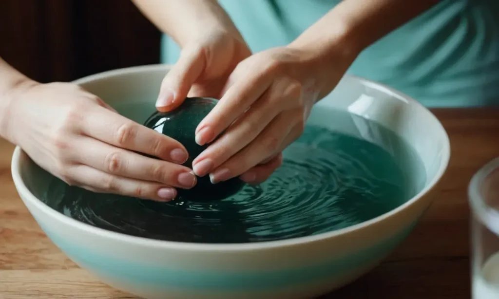 A close-up photo captures hands gently soaking in a bowl of warm water, providing relief to sore nails, while a serene expression reflects the relief felt by the subject.