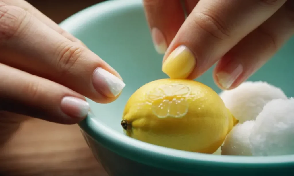 A close-up photo of a hand dipping a cotton ball into a small bowl filled with lemon juice, showcasing a natural and effective method to remove nail polish.