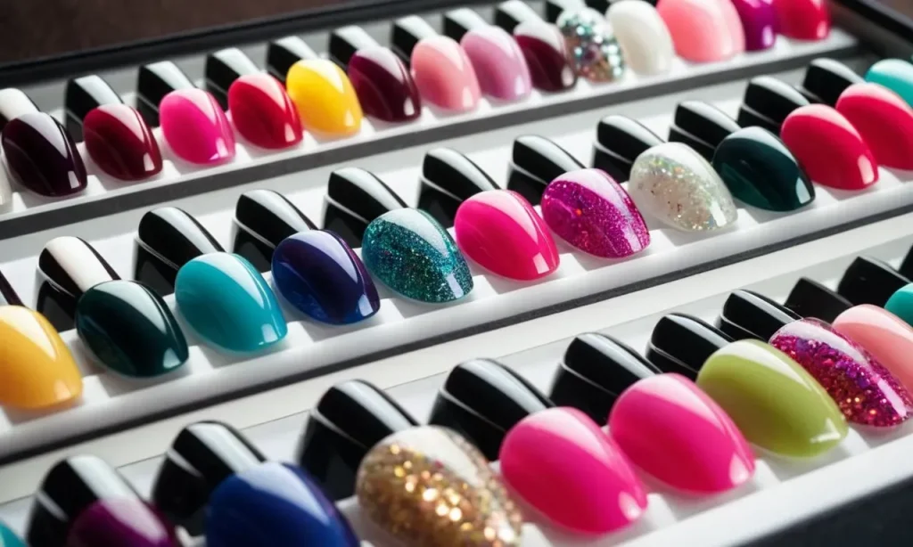A close-up of an array of colorful, meticulously designed press-on nails, neatly organized in a display case, showcasing the variety and quality of products available for a press-on nail business.