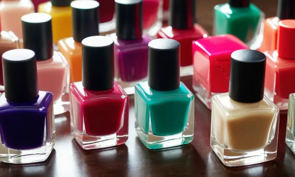A close-up photograph showcasing a variety of vibrant and colorful nail polishes neatly arranged on a table, capturing the viewer's attention and offering alternative options to the traditional nail primer.