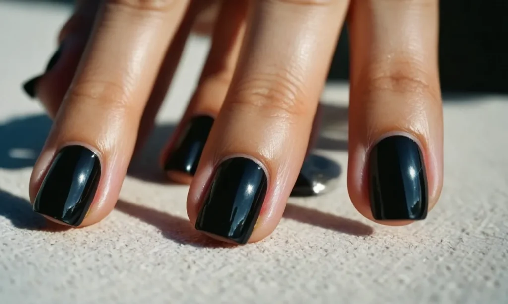 A close-up shot of a girl's hand, showcasing her black nail polish. The dark shade represents her edgy and rebellious personality, while also symbolizing mystery and confidence.