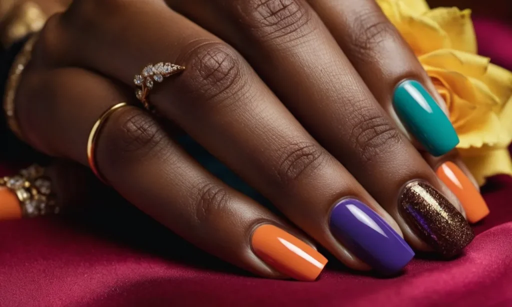 A close-up photo showcasing a beautifully manicured hand with an array of vibrant nail colors, perfectly complementing the warm and rich tones of brown skin.
