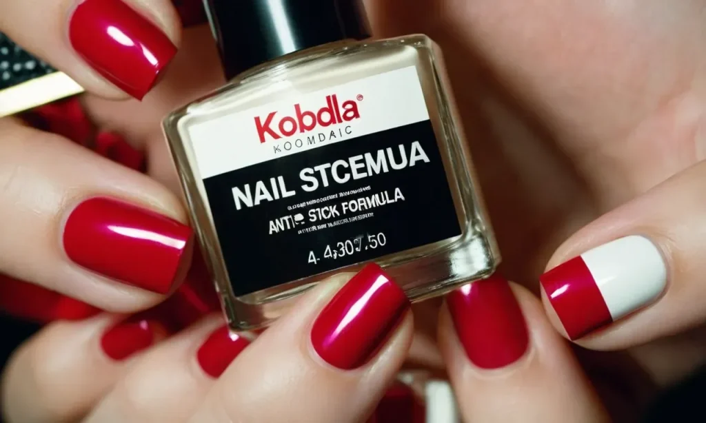 A close-up photo capturing a hand elegantly holding a bottle of nail polish with a label reading "Anti-Stick Formula" prominently displayed, emphasizing its protection against stickiness.