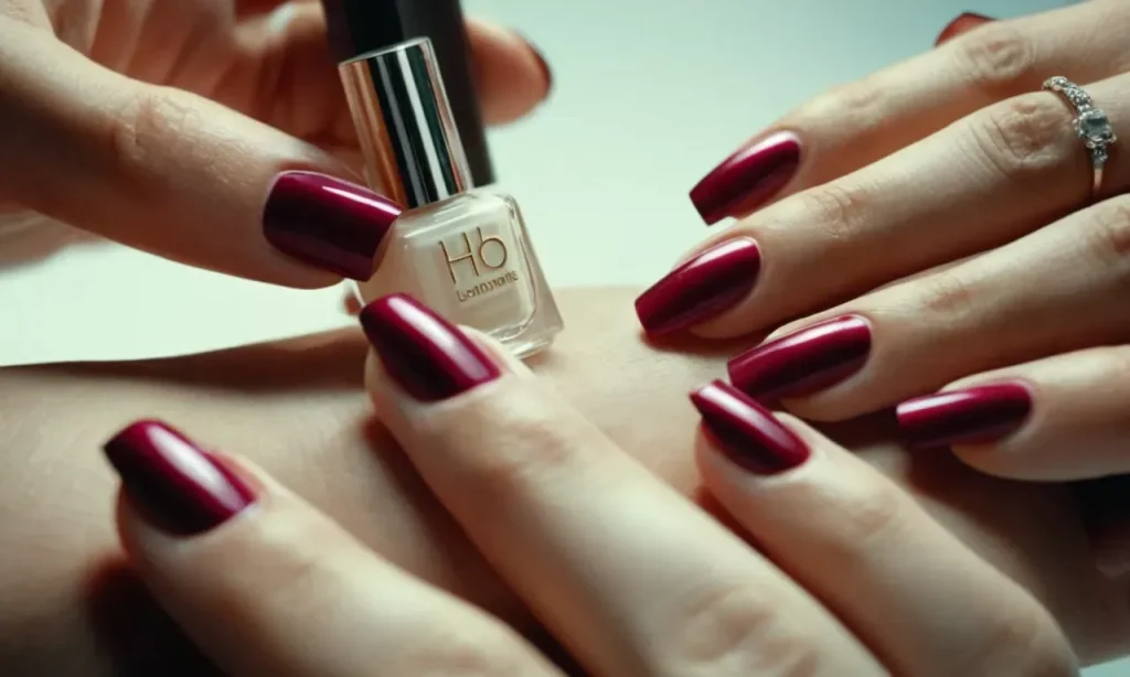A close-up photograph capturing a hand with perfectly manicured nails, showcasing the moment when a dehydrating product is gently applied to the nail bed, preparing it for further nail treatment.