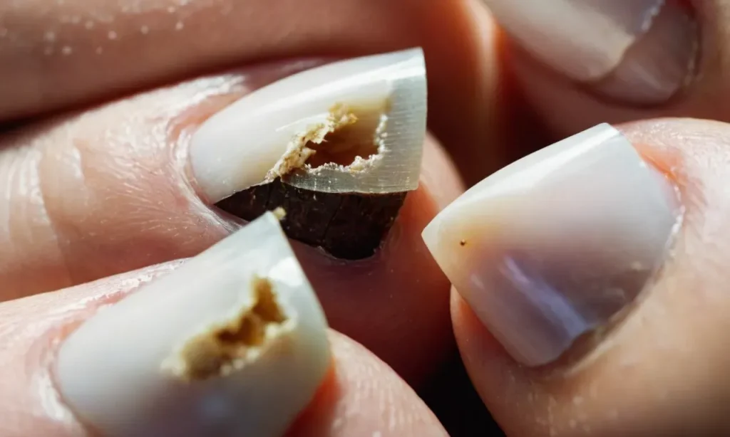 A close-up photo capturing a peeling toenail, revealing layers of nail plate separation, shedding light on possible causes and urging viewers to seek medical advice for proper diagnosis and treatment.