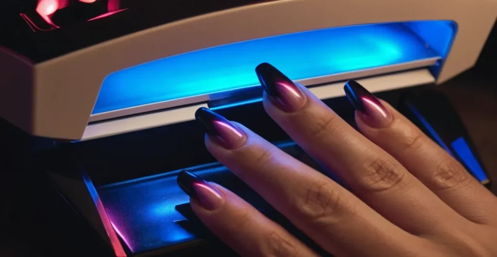 A close-up shot capturing a UV nail lamp illuminating a hand with perfectly manicured nails, showcasing the safety and efficiency of this popular nail salon tool.