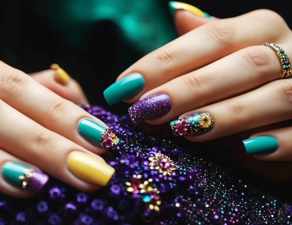 A close-up shot capturing a woman's hands adorned with beautifully manicured acrylic nails, showcasing intricate designs and vibrant colors, representing the average cost of acrylic nails.