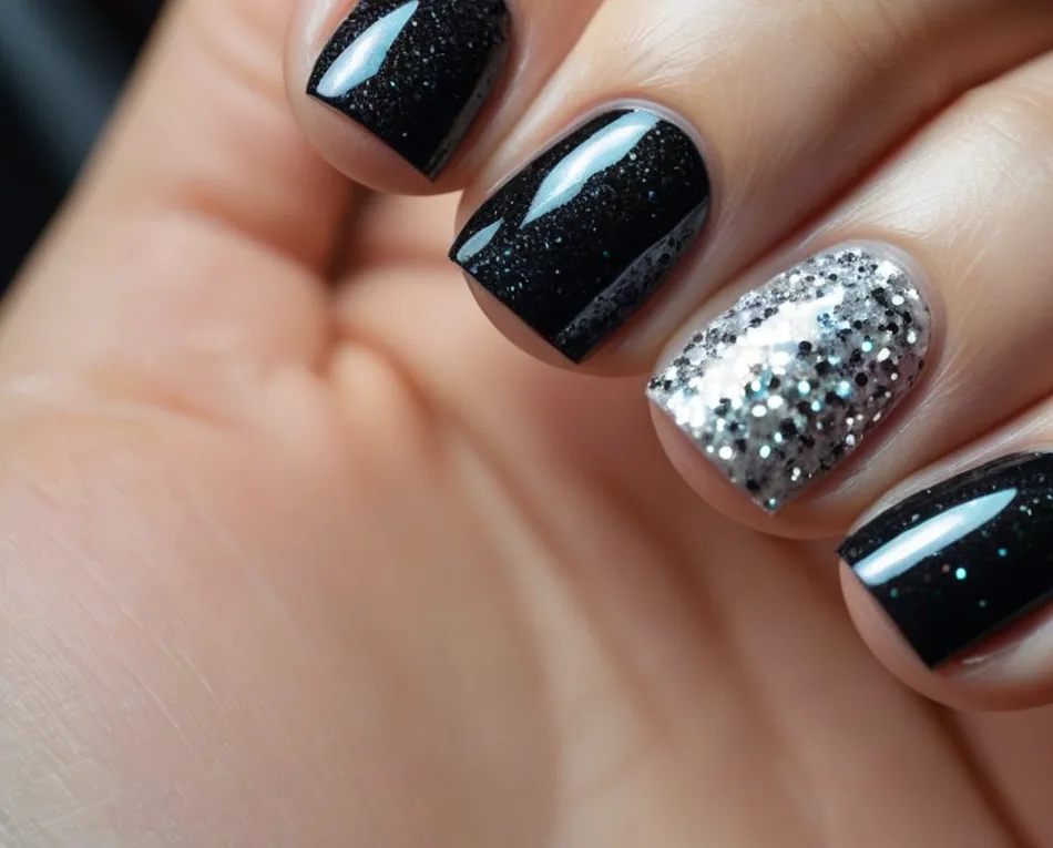A close-up shot showcasing sleek black and silver glitter nails, catching the light just right, creating an alluring sparkle that adds a touch of glamour.