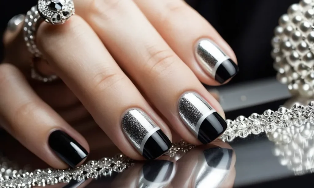 A close-up shot captures the elegant simplicity of a hand adorned with black, white, and silver nail polish, reflecting sophistication and modernity.