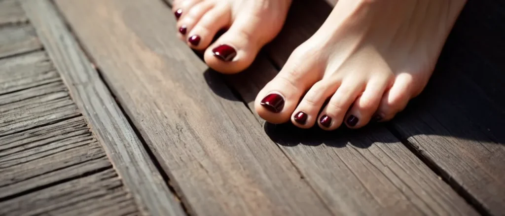 A close-up shot of perfectly pedicured toes adorned with a rich, glossy brown nail polish, accentuating the elegance and sophistication of the wearer.