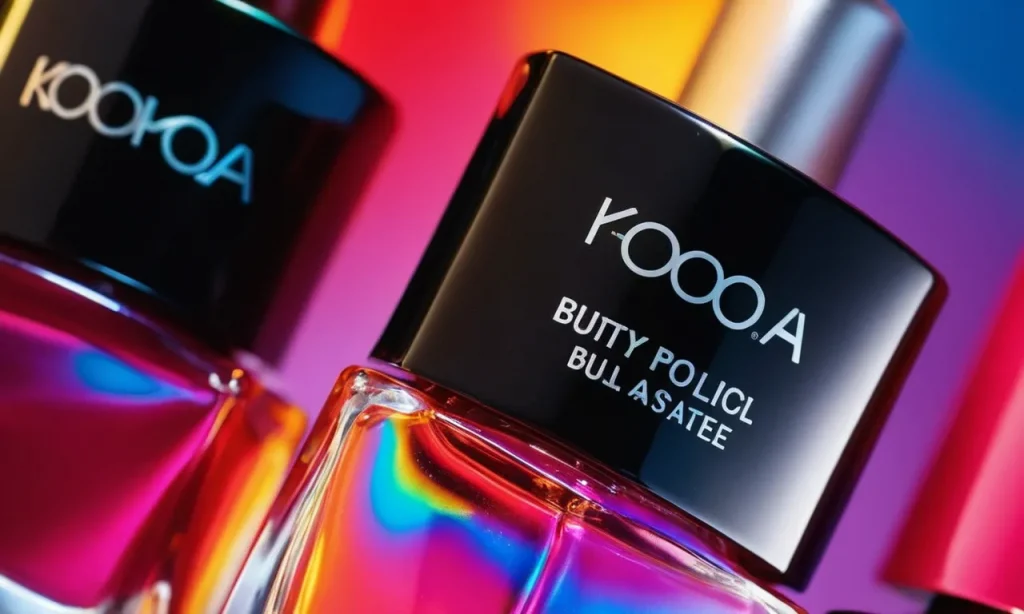 A close-up photo capturing a vibrant nail polish bottle, reflecting light off its glossy surface, showcasing the chemical composition of butyl acetate in its formulation.