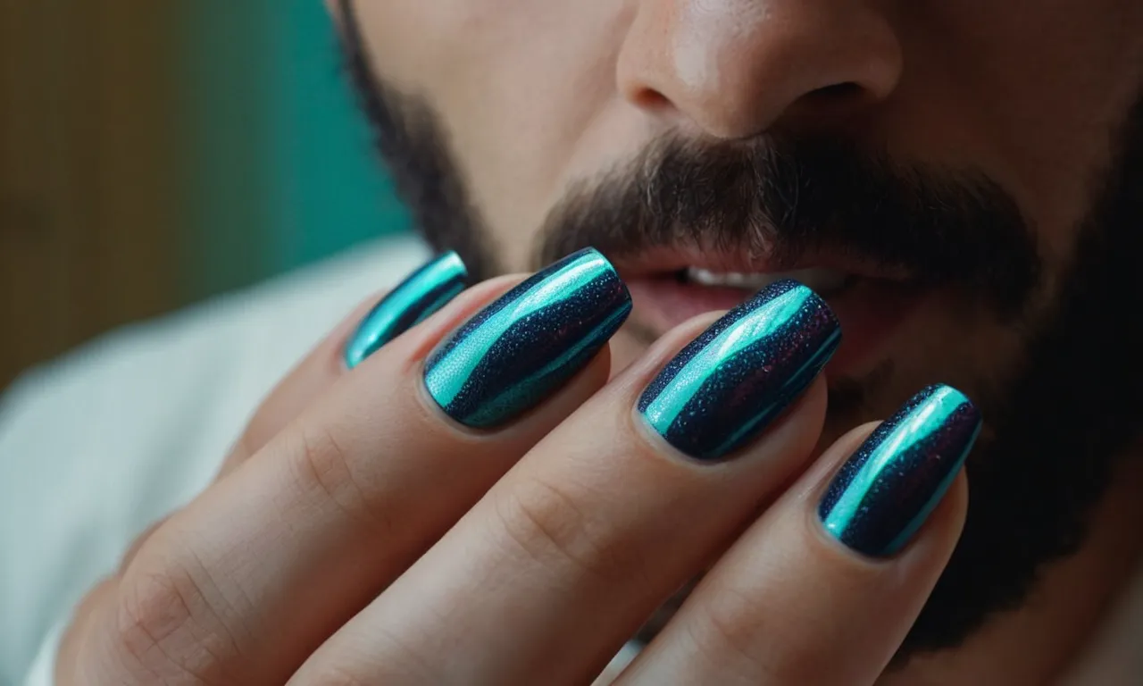 A close-up shot capturing a man's hand gracefully displaying shiny, perfectly manicured acrylic nails, challenging societal norms and embracing self-expression.