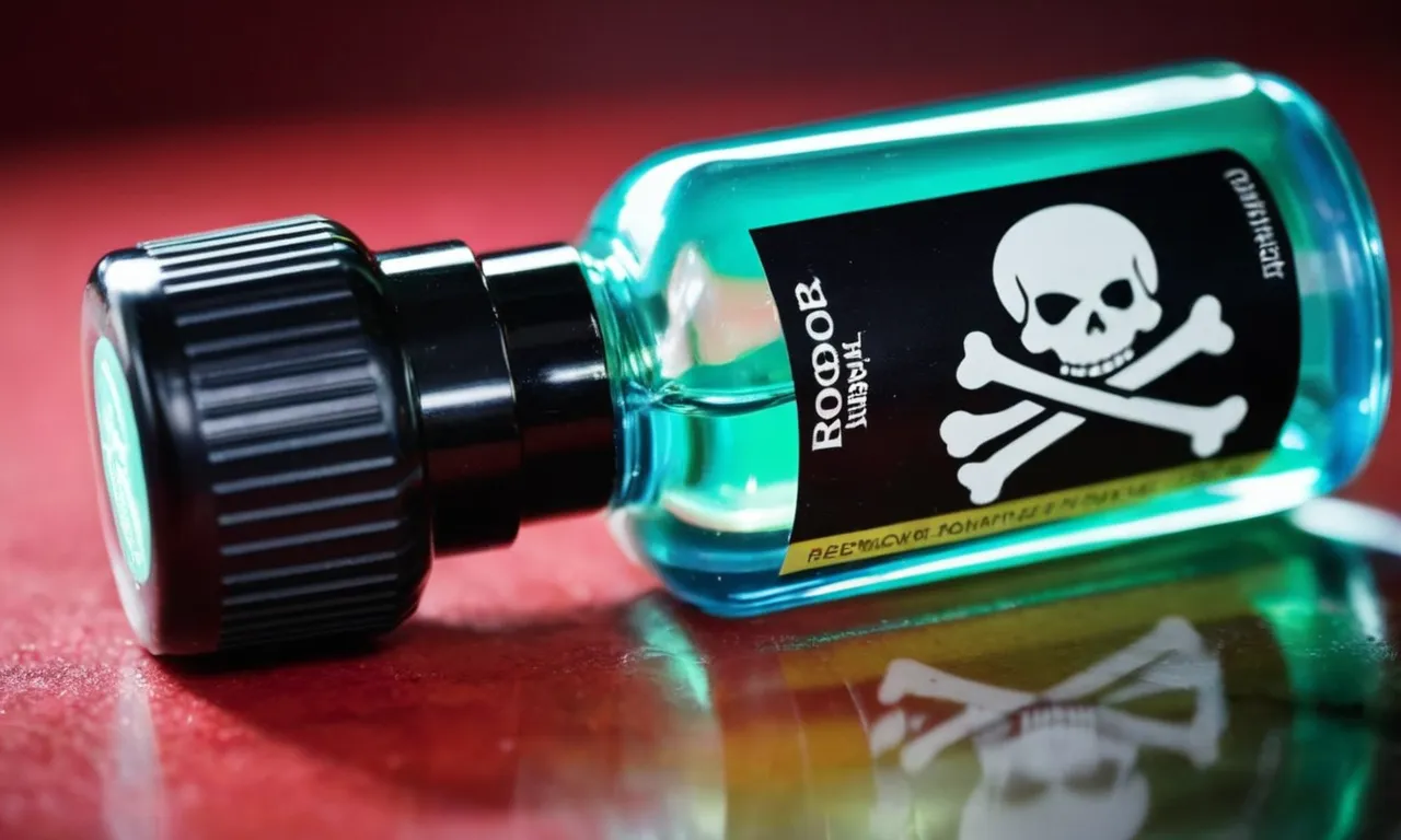 A close-up photo of a bottle of nail polish remover with a skull and crossbones symbol, emphasizing the potential danger and toxicity associated with its misuse or ingestion.