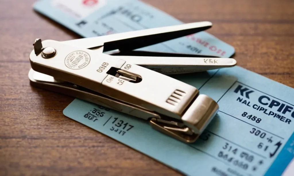 A close-up photo capturing a pair of nail clippers lying on top of a boarding pass, symbolizing the question of whether nail clippers can be brought on a plane.