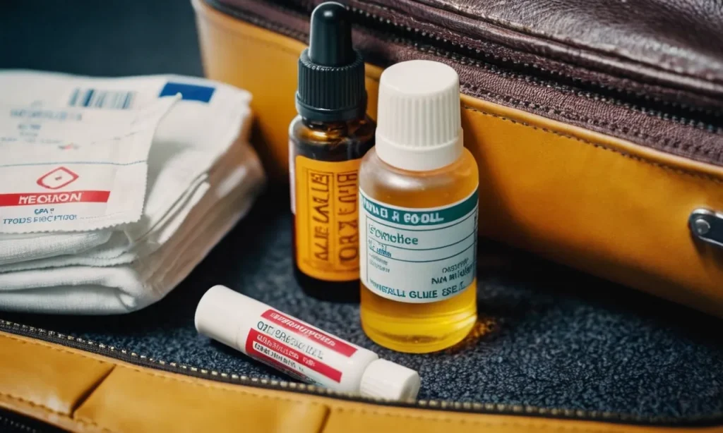 A close-up photo capturing a small bottle of nail glue, neatly packed alongside other travel essentials, waiting to be inspected at the airport security checkpoint.