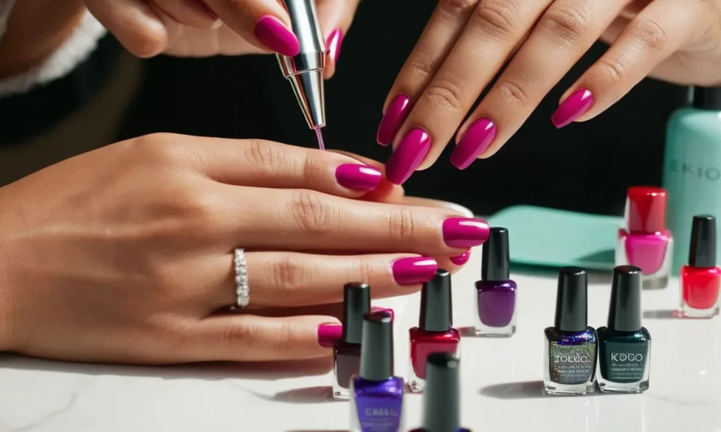 A close-up image capturing the skilled hands of an esthetician delicately applying colorful nail polish onto a client's perfectly manicured nails.