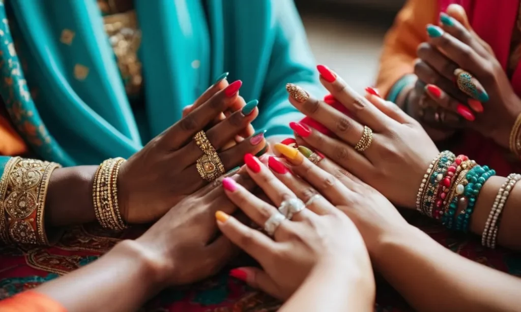 A close-up shot capturing diverse hands, adorned with vibrant halal nail polish, clasped together in prayer, symbolizing unity, faith, and inclusivity.