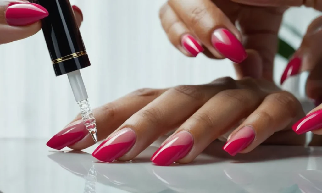 A close-up shot capturing the delicate process of applying gel polish onto press-on nails, showcasing the precision and artistry involved in achieving a flawless, salon-quality manicure at home.