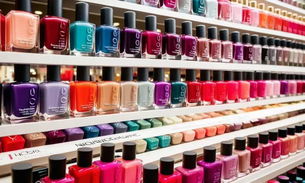 The photo captures a vibrant display of nail polish bottles at an Ulta store, inviting customers to explore the array of colors and patterns, alluding to the question of returning nail polish.