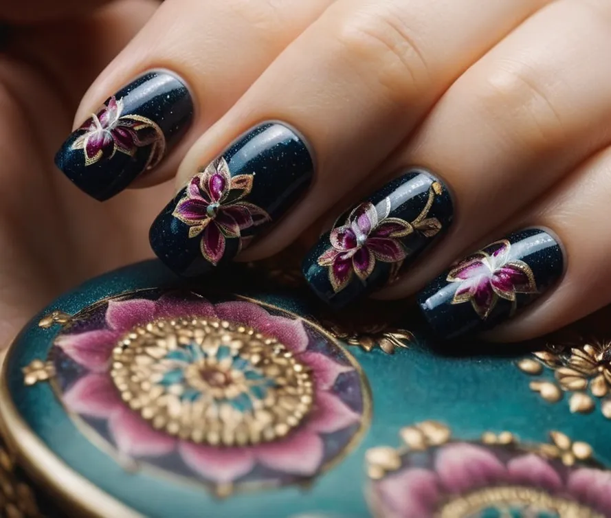 A close-up photograph capturing a hand with intricately painted nails resembling tiny tattoos, showcasing the fusion of nail art and body art in a single image.