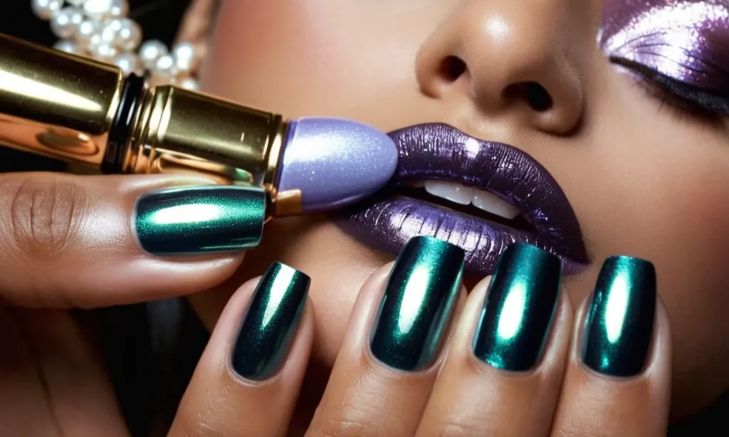 A close-up shot captures a woman's hand delicately applying metallic eyeshadow onto her meticulously manicured nails, creating a stunning chrome effect, showcasing the versatility of beauty products.