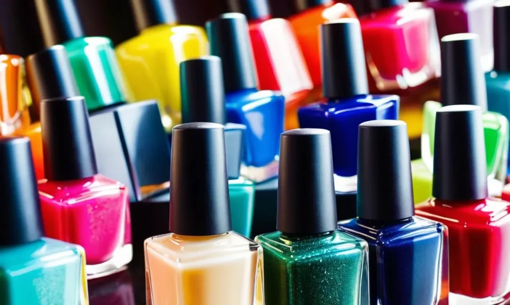 A close-up shot of vibrant, cruelty-free vegan nail polish bottles lined up, reflecting a rainbow of colors, radiating beauty and compassion.