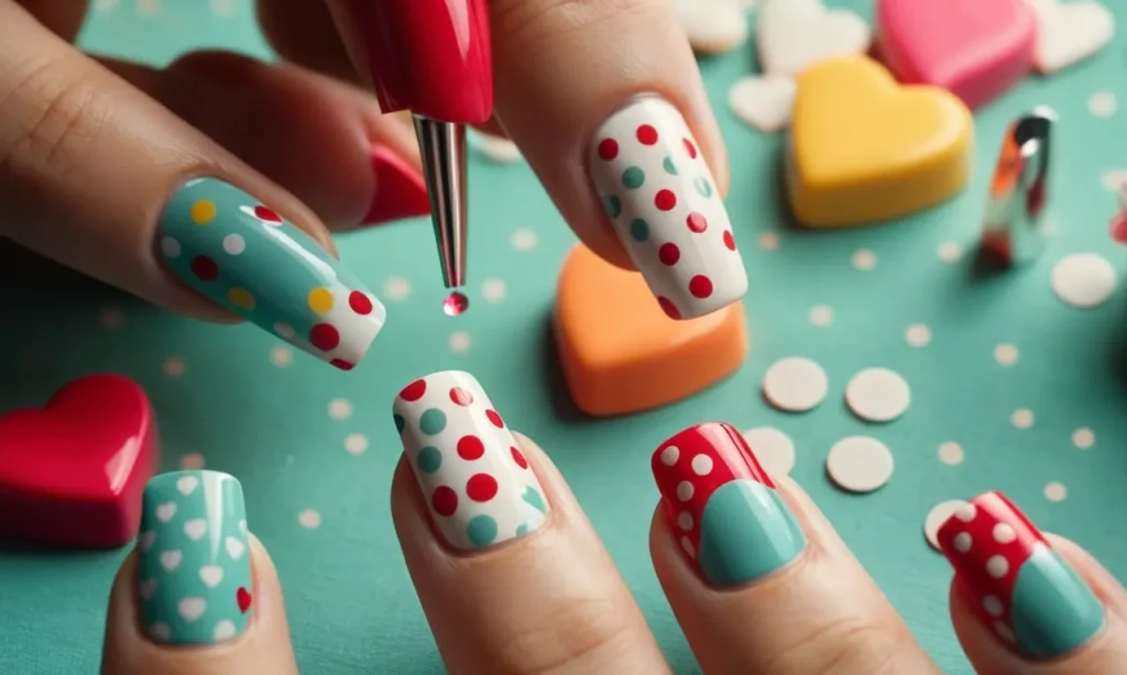 A close-up shot capturing a beginner's hand delicately painting adorable nail designs with vibrant colors, featuring playful polka dots and tiny hearts, exuding a charming and cute vibe.