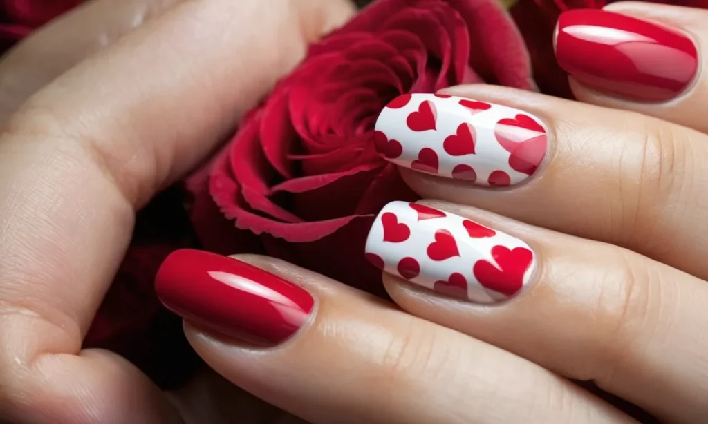 A close-up shot of perfectly manicured nails adorned with heart-shaped designs in shades of pink and red, capturing the essence of love and romance for Valentine's Day.