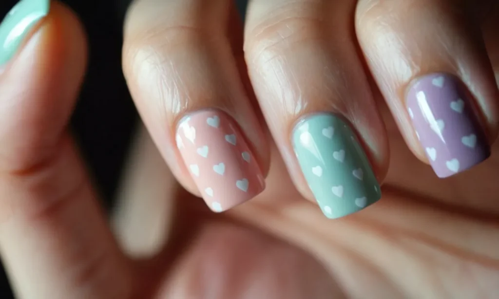 A close-up shot of a delicate hand showcasing adorable short acrylic nails, featuring playful designs like tiny hearts and pastel polka dots, radiating a sweet and charming aesthetic.