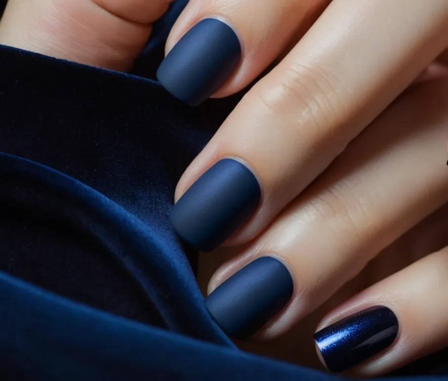 A close-up shot of elegant hands showcasing flawless dark blue matte nail polish, exuding an aura of mystery and sophistication.