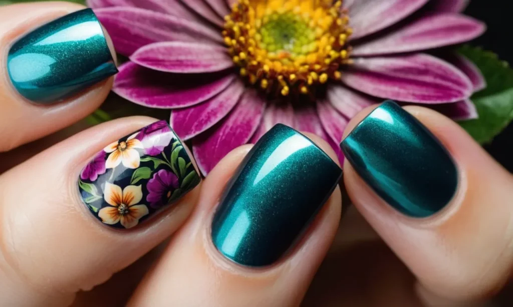 A close-up shot capturing intricate floral patterns in vibrant colors painted on perfectly manicured nails, showcasing the artistry and creativity of nail design.
