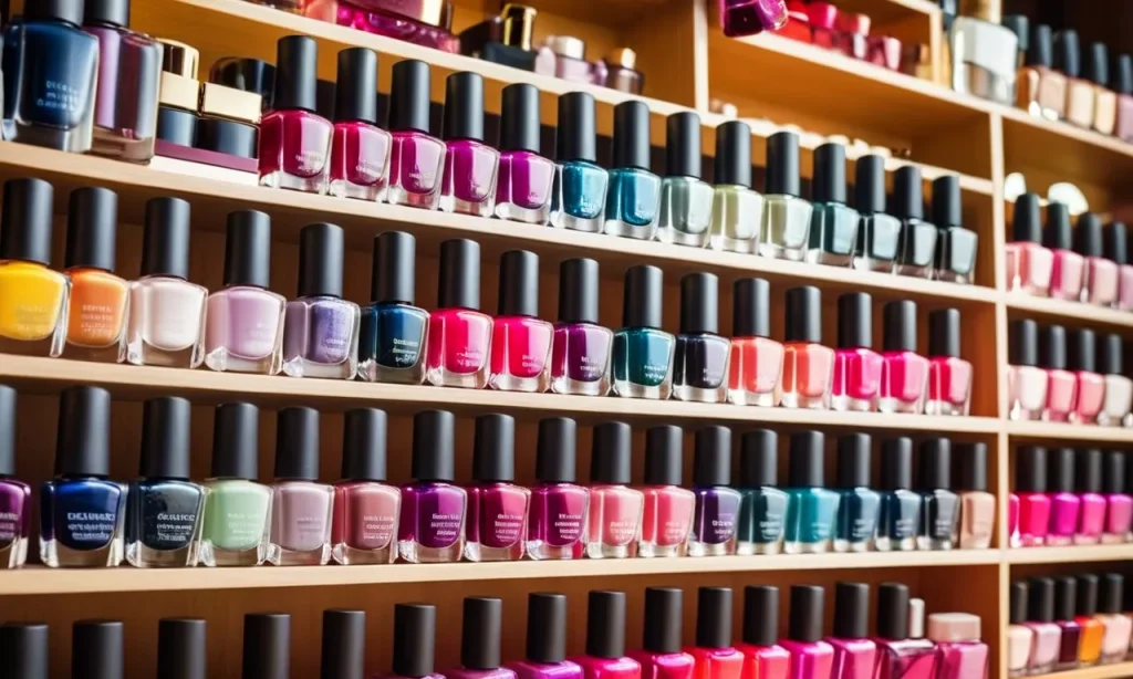 The photo captures a vibrant display of various nail polish bottles neatly arranged on a shelf in a nail salon, enticing customers with a multitude of colors and finishes.