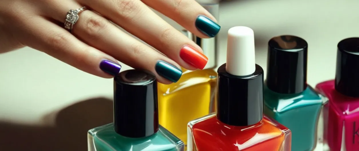 A close-up shot of a woman's beautifully manicured hands showcases a bottle of cuticle oil placed next to a vibrant array of nail polish bottles, symbolizing the decision of whether to apply it before or after the polish.