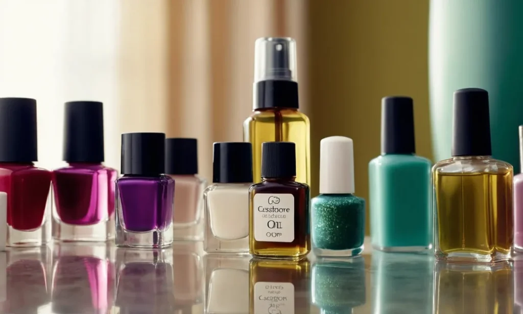 A close-up shot capturing a bottle of castor oil placed next to a neatly arranged collection of nail polish bottles, emphasizing the potential benefits of castor oil for nail growth.