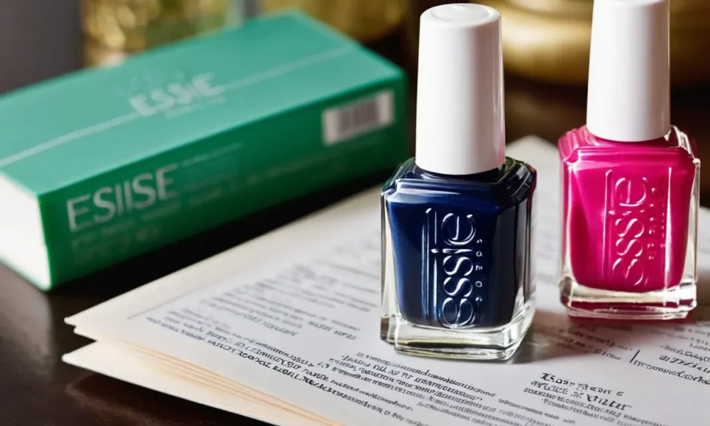 A close-up photograph capturing a bottle of Essie nail polish, with a background of scientific research papers on formaldehyde, emphasizing the connection between the two.