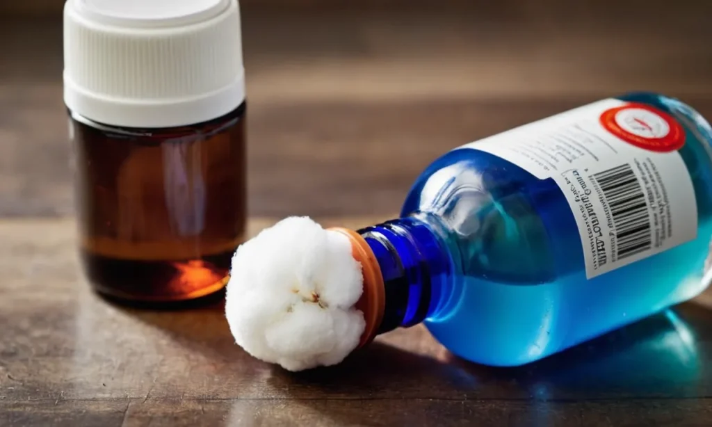 A close-up photo of a bottle of rubbing alcohol and a cotton ball, positioned next to a infected toenail, symbolizing a potential solution to treating nail fungus.