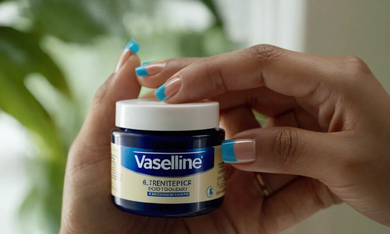 A close-up shot of a hand holding a jar of Vaseline, with beautifully manicured nails in the background, symbolizing the potential of Vaseline to aid in nail growth.