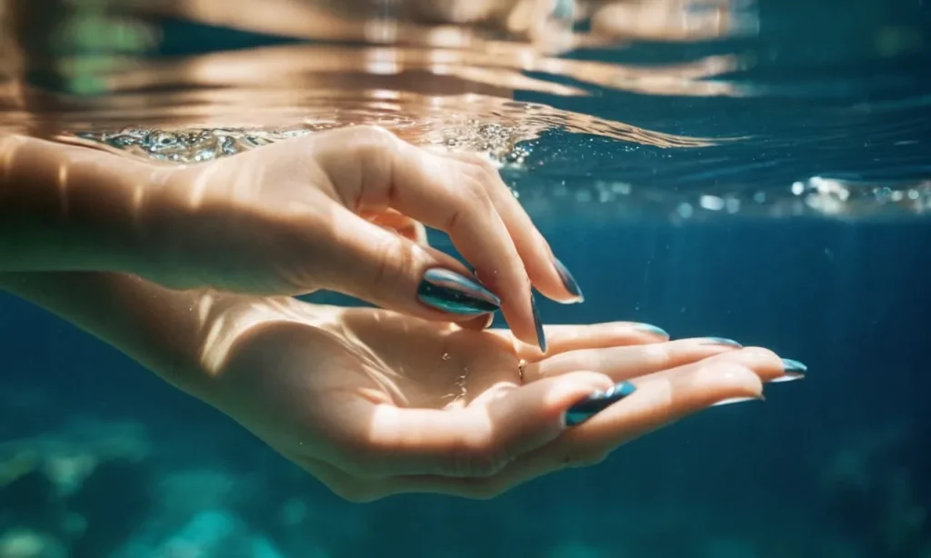 A close-up shot capturing a pair of hands submerged in water, highlighting the reflection of well-groomed nails, hinting at the question "Does water make your nails grow?"