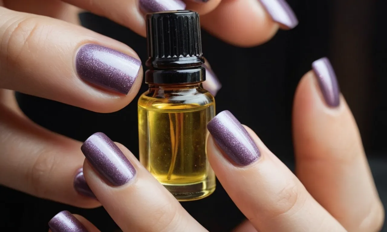 A close-up shot showcasing a bottle of essential oils for nail growth, surrounded by beautifully manicured hands, emphasizing their healthy and strong appearance.