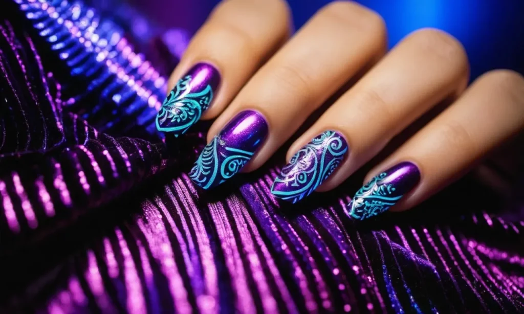 A close-up shot captures a set of vibrant fake nails, adorned with intricate designs, glowing under the ultraviolet light, creating a mesmerizing and ethereal display of colors.