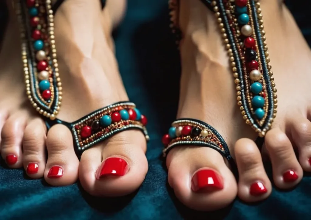 A close-up photograph capturing the unique beauty of feet adorned with long, intricately painted toe nails, showcasing individuality, creativity, and confidence.